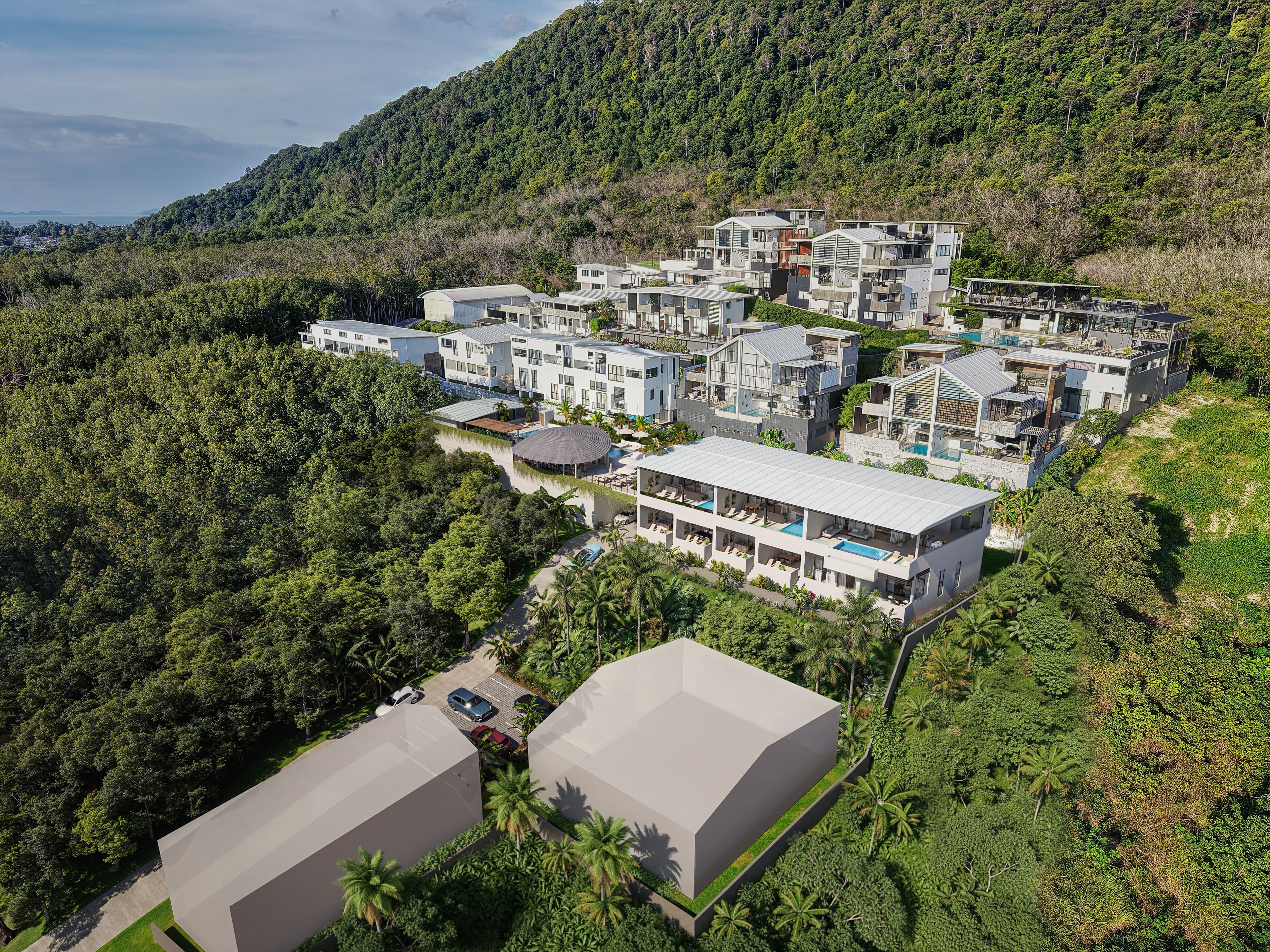 Drone view of residences surrounded by nature