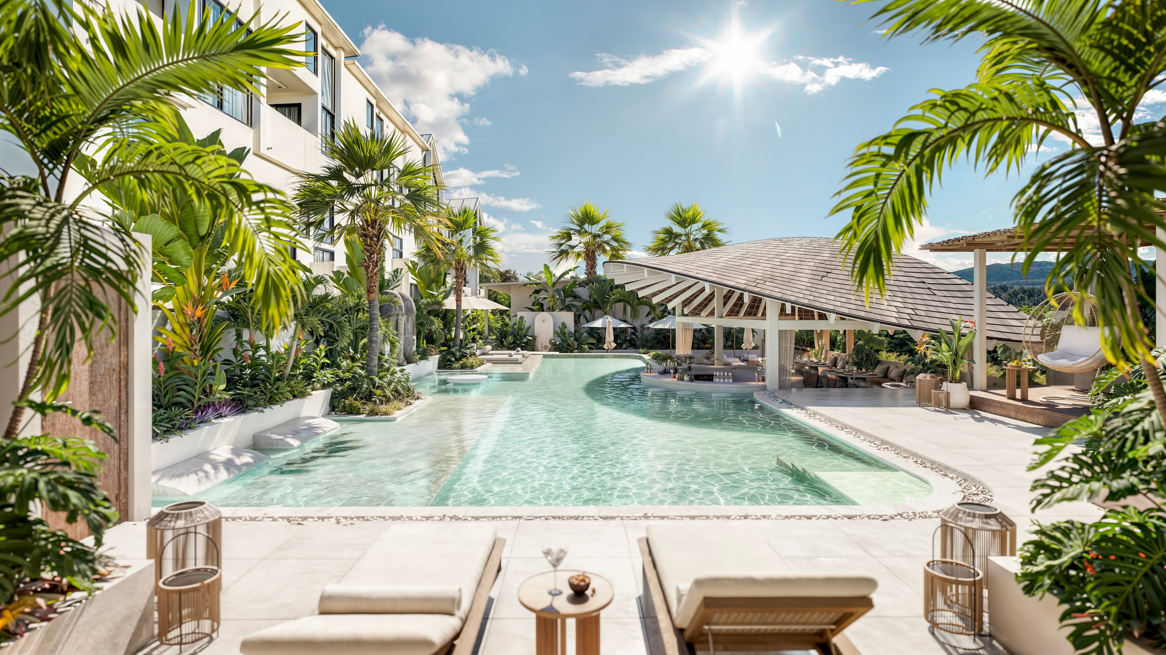 Pool area with tropical landscaping